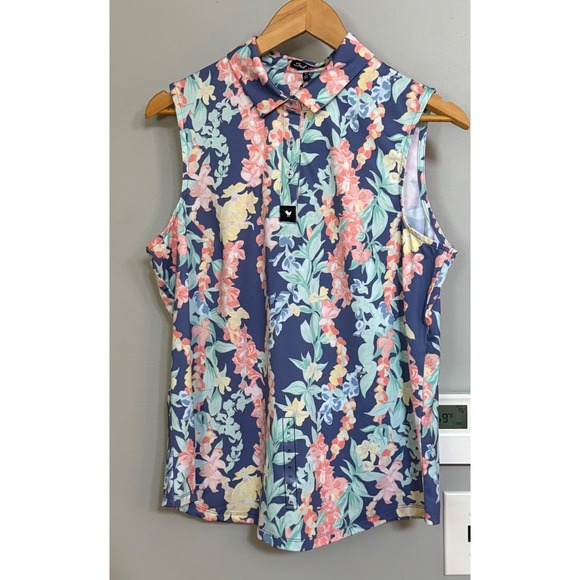 Bad Birdie Tops - Bad Birdie Sleeveless Polo Women XL Blue Floral Lei'd Golf Shirt BBWP001-649